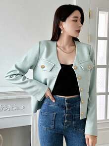 DAZY Chaqueta corta elegante de mujer con cuello en V, mangas raglán y cierre delantero de botones - Celeste - Ver 3