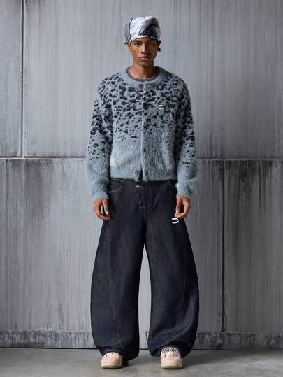 NEON BLANC Suéter cardigan de hombre con cuello redondo, manga larga, abotonado delantero y estampado de leopardo jacquard de moda