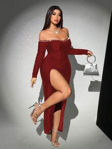 Viva Relle 大码新年红色珍珠装饰露肩长袖开衩连衣裙，适合婚礼、派对、节日和宴会（装饰华丽）、正式晚宴、婚礼宾客、毕业典礼、大型活动和正式场合。 - 紅色 - 查看 1