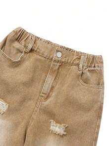 SHEIN Streecool Kids Tween Boys Fashion Casual Versatile Cargo Multi-Pocket Distressed Denim Set Chic Outfits For Autumn/Winter