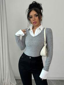 SHEIN PETITE Fashionable Commuter Ribbed Crew Neck Long Sleeve Fitted Women T-Shirt - Grey - View 4