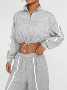 Dewbera 2PC Women's Zip-Up Half-Placket Long Sleeve Cropped Sweatshirt And Wide-Leg Pants Casual Sports Suit Era By Dj Zinhle Tall Two Piece Set Y2k Co Ord Set Women Casual Two Piece Set Grey Two Piece Set Women S Two Piece Set - Light Grey - View 4
