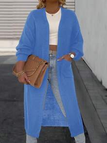 SHEIN LUNE Plus Size Women Solid Color Drop Shoulder Long Sleeve Pocket Loose Casual Knit Cardigan, Autumn/Winter - Blue - View 1