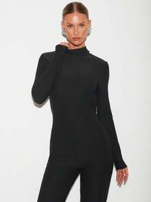 Nuvra Women's Long Sleeve High Neck Double Layer Shapewear Dress With Lining, Slimming, Waist Cinching, Butt Lifting, Full Length Body Shaper Backless Jumpsuit Long Sleeve Jumpsuits For Woman Unitard Jumpsuit Sexy Jumpsuits Surprise Dance Outfit - Black - View 5