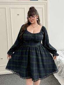 CovetEZ 大码女式长袖圣诞格子蓝绿色格纹连衣裙 - 彩色 - 查看 4