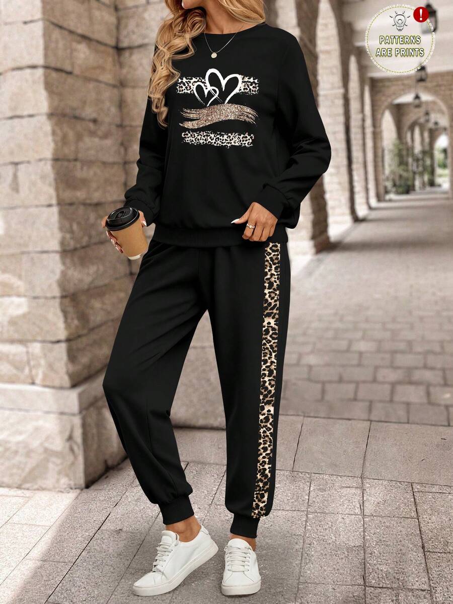 EMERY ROSE 女士休闲豹纹卫衣和运动裤套装，适合秋冬季 - 彩色 - 查看 1