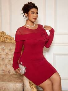 Cravure Plus Size Elegant French Nobility Style Round Neck Side 3D Floral Decor Fitted Dignified Long Sleeve Dress, Suitable For School Season, Graduation, Holidays, Valentine's Day, Christmas, Music Festival, Mother's Day, Halloween, Thanksgiving, Easter, National Day, Prom, Date Party, Wedding Season, Outdoor Activities - Burgundy - View 7
