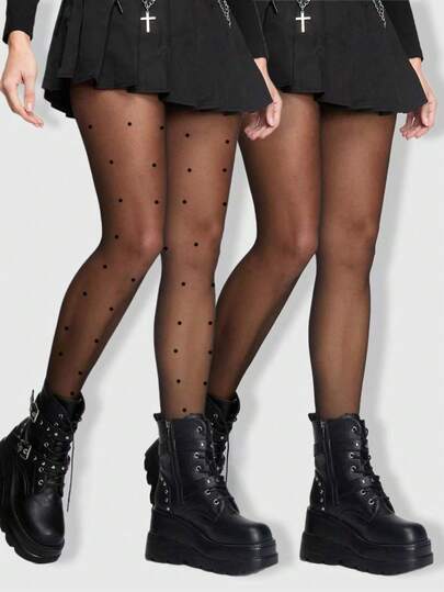 Goth 2pcs Cute And Sexy Dot Sheer Tights Set, For Summer