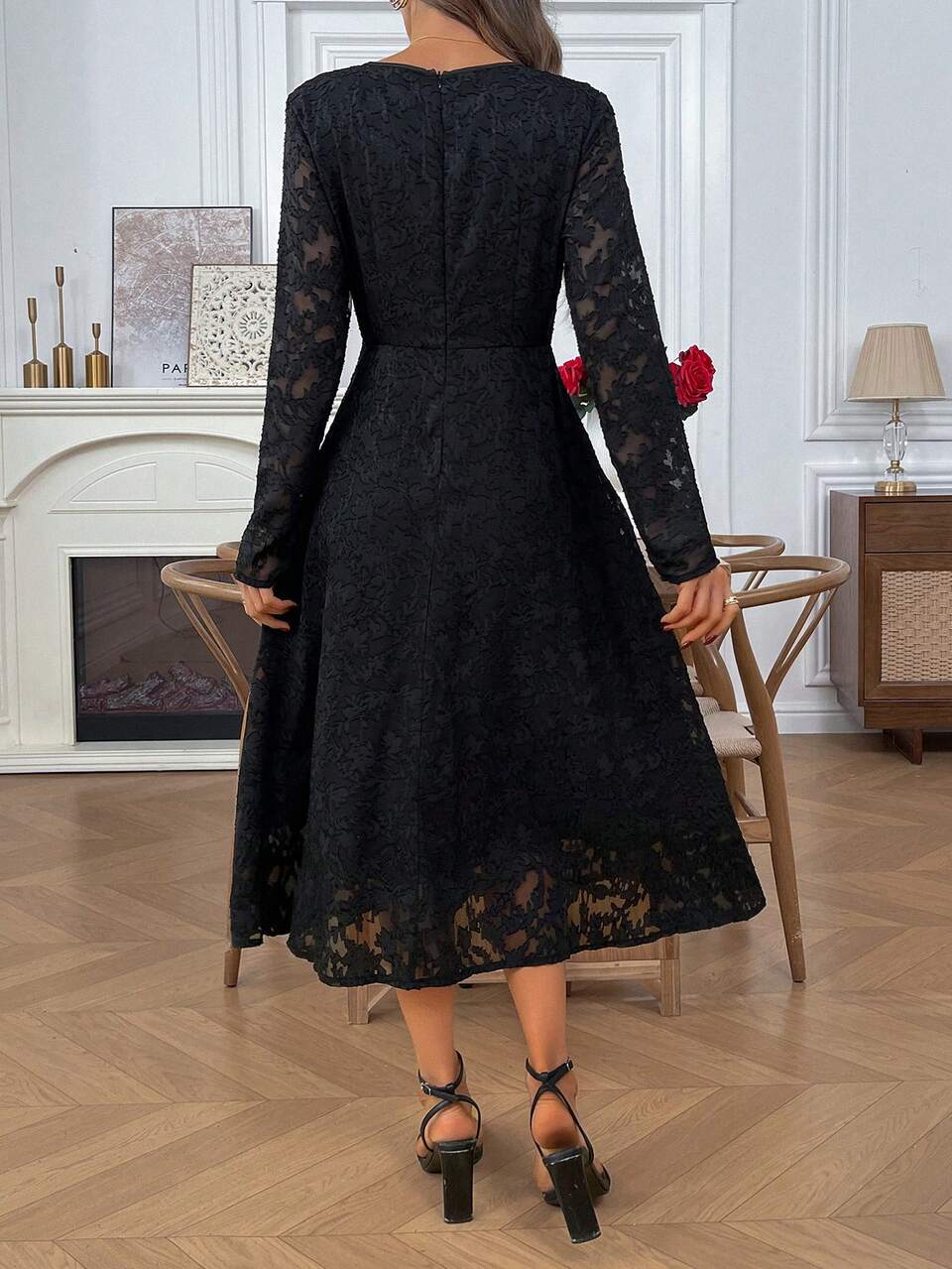 Women's Elegant Long Sleeve Midi Dress, Suitable For Daily Wear And Parties Formal Christmas New Year Party Black Floral Women Dresses Autumn