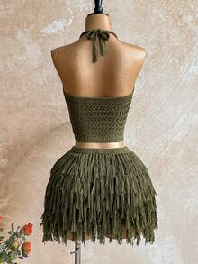 Soleia Women's V-Neck Halter Tie Backless Crop Top And Fringe Hem Mini Skirt 2 Pieces Set, Suitable For Party, Christmas, Date Night, Nightclub, Bohemian, Boho, Vacation, Fall - Army Green - View 2