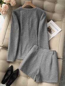 Franclia 女士优雅 V 领修身羊毛混纺大衣，灰色收腰办公室/工作正式长袖夹克，搭配羊毛混纺短裤，百搭秋冬商务/休闲装