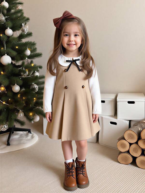 Souflis Vestido elegante de estilo preppy con cuello Peter Pan para niñas, decoración con botones, en colores caqui y blanco, adecuado para ropa de exterior de otoño, se puede combinar con chaqueta en invierno, apropiado para la escuela, vacaciones, viajes, ropa de otoño/invierno para niñas, ropa de exterior para niñas, para capas, diseño versátil, tallas para edades de 4 a 7 años