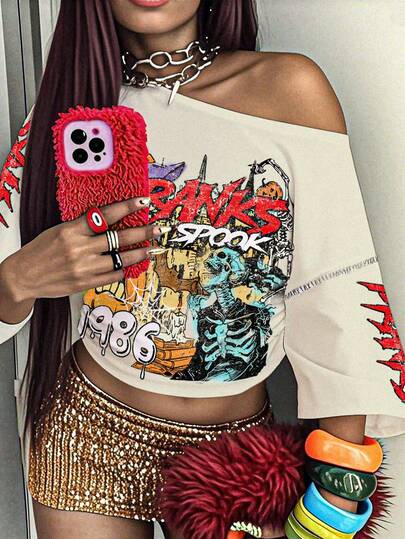 Slaydiva 2025 Summer Tops/Fall Clothes/Y2k Clothes/Streetwear/Going Out Tops Women/Crown & Skull Print Cold Shoulder Loose Fit Short Sleeve T-Shirt/Graphic Tees/Halloween Clothes /Skeleton Graphic Tee/ Off Shoulder Crop Top/ Rave Top