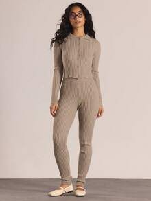 MUSERA Collard Button Through Detail Long Sleeve Ribbed Knit Jumpsuit Autumn Winter Knitwear Casual Going Out Everyday Night Out Sexy Cute Cosy Thanksgiving  New Year - Khaki - View 1