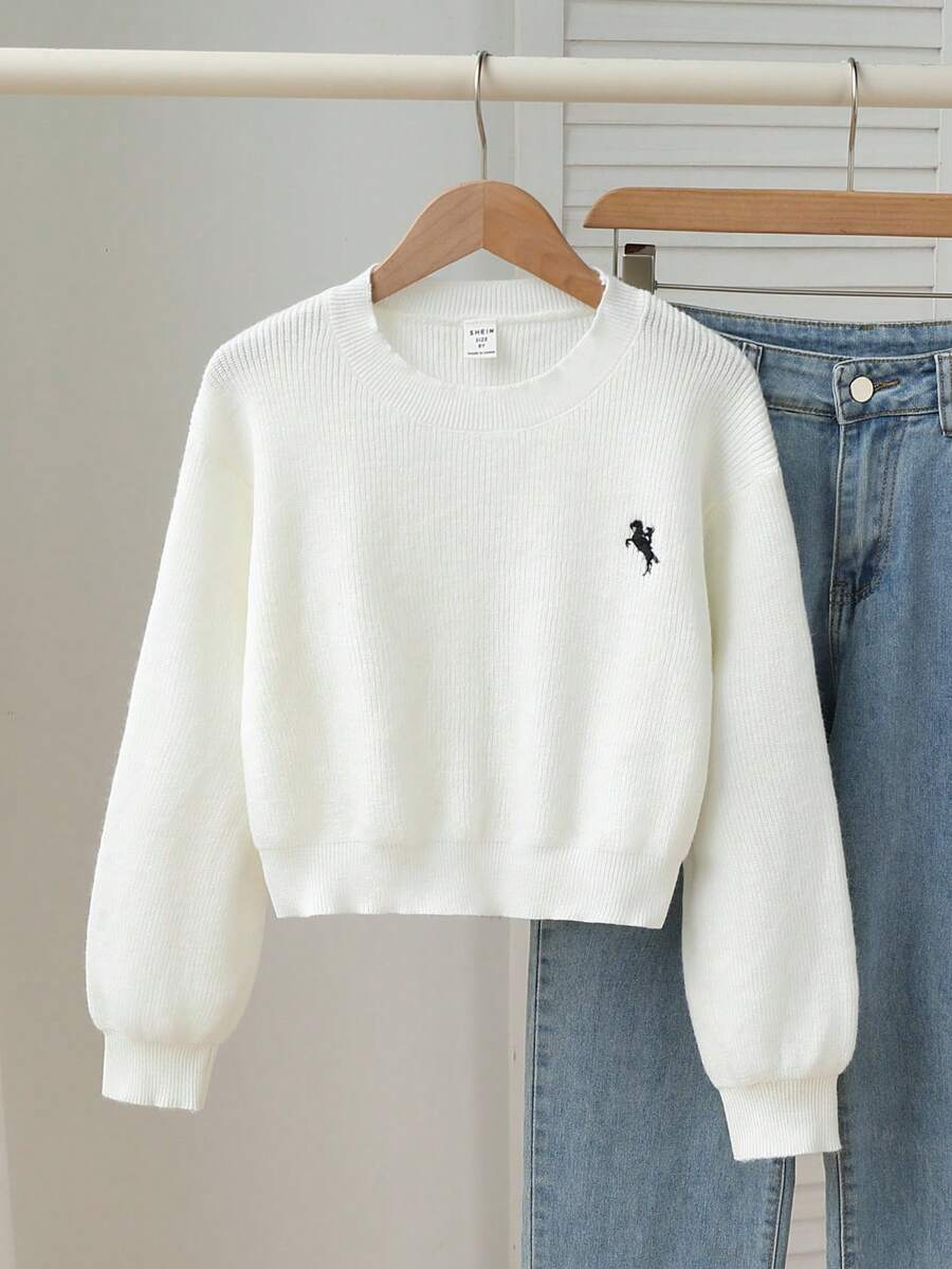 Tween Girls Thick Embroidered Logo Crew Neck Dropped Shoulder Loose Cropped Knit Sweater, Soft & Comfortable, Suitable For Daily, Outdoor, Travel, Vacation, Home, DayTween Girl, And Kids Play Wear Youth Sweaters Girl Sweater Cropped Sweater Cute Plain Sweatshirts For Teens Summer Clothes For Teens Sweater Girl Jumper - Beige - View 1