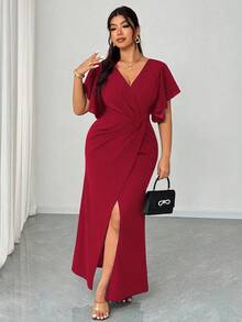 Elenzga Plus Size Spring/Summer Lightweight Formal Dress, Elegant Romantic V-Neck Ruffle Sleeve Fitted Mermaid Hem Cocktail Party Wedding Guest Dress, Red - Red - View 5