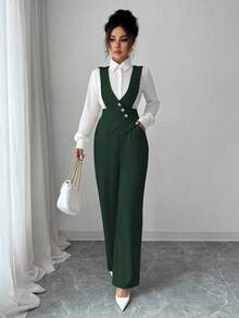 Selianne Women's Solid Color Button Design Elegant Commuter Jumpsuit, Autumn - Green - View 1