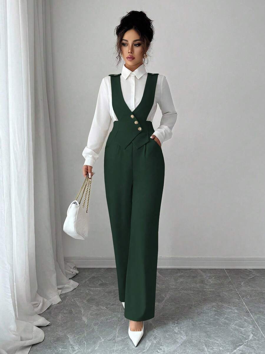 Selianne Women's Solid Color Button Design Elegant Commuter Jumpsuit, Autumn - Green - View 1