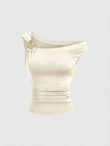 Sweetra Women's Solid Color Metal Decor Ruched Asymmetric Fitted Fashion Tank Top - Multicolor - View 6