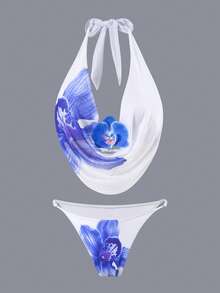 Swim Oasis 女士三件套泳衣：印花露背深V领比基尼上衣和裙子，时尚、性感、甜美，适合海滩/度假。花朵泳衣，女士泳装，端庄泳装套装，女士泳装套装，裙子泳衣套装 - 藍白色 - 查看 3