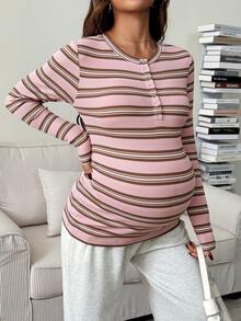 SHEIN Maternity Casual Striped Print Button-Up Long Sleeve T-Shirt - Pink - View 3