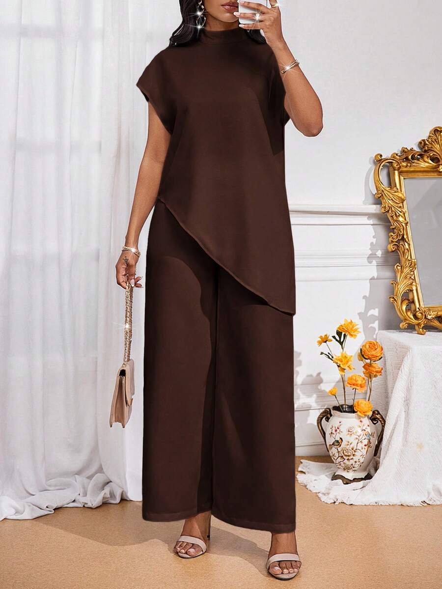 SHEIN Lady 四季两件套女装套装 秋季两件套休闲优雅女士白色编织立领优雅叠穿女士秋季套装 新款女士两件套 女士休闲两件套 - 咖啡棕 - 查看 1