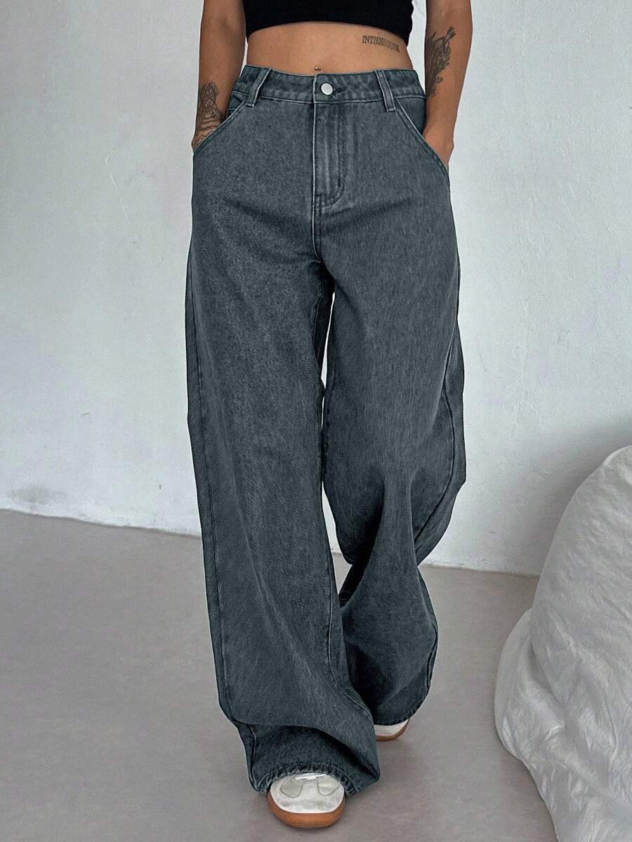 DAZY Women's High Waist Pocketed Wide Leg Loose Casual Versatile Jeans Y2k - Dusty Blue - View 1