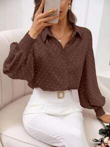 EMERY ROSE Women's Fashionable Casual Printed Cuff Sleeve Long Sleeve Shirt - Coffee Brown - View 6
