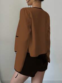 Selianne Autumn French Elegant Black Bowknot Strap Jacket,Short Cropped Contrast Trim Long Sleeve Top,Fashion Work Club Lightweight Jacket For Women - Brown - View 2