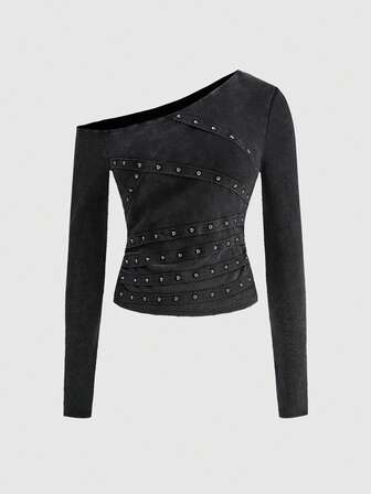 Grunge Punk T-shirt da donna stile rock, con rivetti, strass e lavaggio chiaro, adatta per festival musicali e stile Kpop