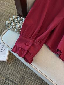 GlowEve CURVE Plus Size Women Long Sleeve Small Stand Collar Striped Casual Solid Color Ruffle Cuff Fashion Shirt, Suitable For Daily Commute - Burgundy - View 6