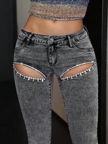 SHEIN EZwear Y2K 低腰水钻条纹紧身牛仔裤，浅灰色 - 灰色 - 查看 4