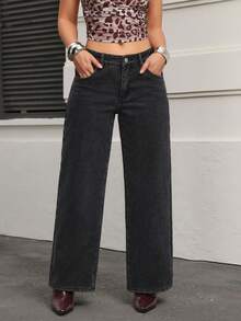 SHEIN PETITE Quần jeans ống đứng đa năng, giặt thường ngày - màu đen - Xem 3