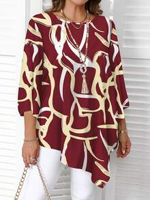 EMERY ROSE Plus Size Asymmetric Hem Allover Print Shirt, New Year Clothes - Red - View 4