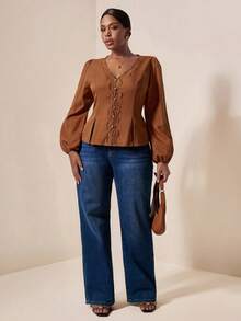 EMERY ROSE Plus Size Women's Solid Color Linen-Like Lace Patchwork Long Sleeve Round Neck Ruffle Retro Elegant Casual Blouse