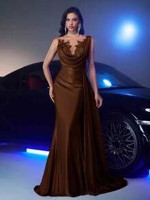 Glamrae 优雅花卉贴花高腰深V领垂褶鱼尾长裙，适合婚礼宾客、毕业典礼、舞会、正式场合、情人节等场合穿着。 - 咖啡棕 - 查看 1