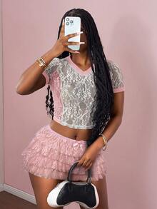 Slaydiva Pink Floral,Summer,Cute,Party Women's 2-Piece Set,Lace Patchwork Rhinestone V-Neck Short Sleeve Top&Multi-Layer Ruffle Mini Shorts,Y2k Streetwear Rave - Pink - View 7