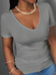 SHEIN Slayr 2025 New Plus Size Women Casual Basic Racerback Sleeveless Deep V-Neck Ribbed White T-Shirt - Grey - View 2