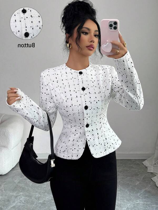 Elenzga Women's Solid Black & White Jacquard Round Neck Open Front Contrast Button Waist Flared Hem Long Sleeve Short Regular Jacket, Elegant French Retro Street Style Minimalist Versatile, Suitable For Winter, Halloween, Christmas, Thanksgiving, Afternoon Party, Formal Occasions