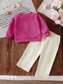 SHEIN Baby Girl Blue Knitted 3D Floral Pullover Sweater + Straight Leg Pants Set, Autumn/Winter - Watermelon Pink - View 2