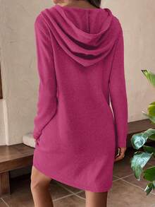 SHEIN LUNE 女式休闲纯色长袖抽绳连帽针织连衣裙，秋冬 - 玫紅色 - 查看 2