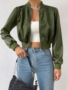 SHEIN EZwear 秋冬装女休闲绿色长袖拉链短款飞行员夹克 - 軍綠色 - 查看 1