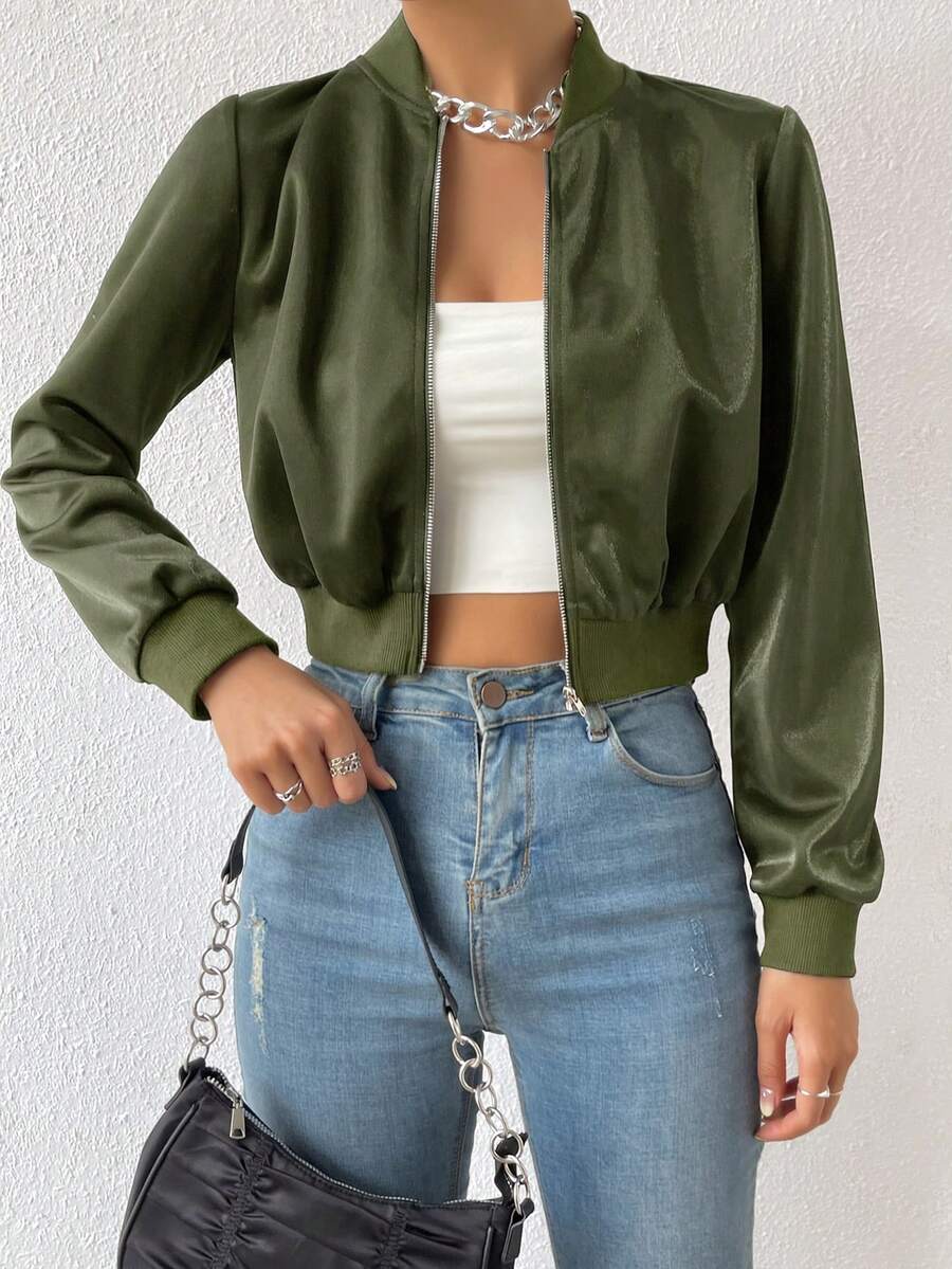 SHEIN EZwear 秋冬装女休闲绿色长袖拉链短款飞行员夹克 - 軍綠色 - 查看 1