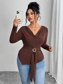 Feyla Plus Size Solid Color Minimalist Scoop Neck Long Sleeve T-Shirt - Coffee Brown - View 7