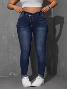 SHEIN ICON Plus Size Fashion Casual Washed Slant Pocket Skinny Jeans - Dark Wash - View 6
