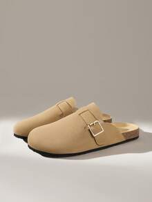 Solecia Women's Casual Buckle Design Slip-On Flat Mules, Versatile For Daily Wear - Khaki - View 2