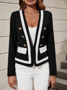 SHEIN Clasi 秋冬撞色饰边纽扣细节西装外套