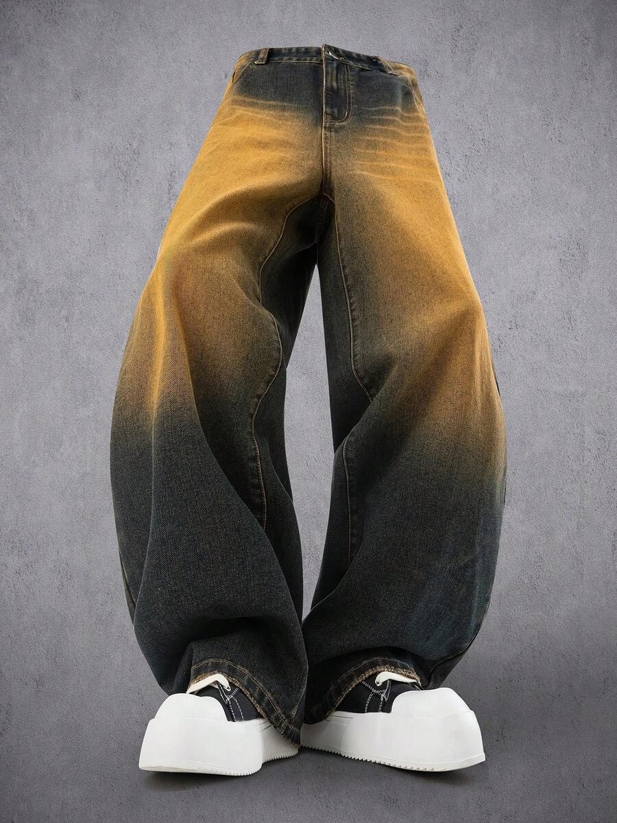 Manfinity Denimwave Men's Loose Fit Contrast Color Wide Leg Jeans Loose Wide Leg Vintage Washed COUPLE Blue Street Distressed Jeans For Y2K Japanese Pants Baggy Jeans Streetwear - Yellow - View 1