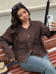 Dazy Plus Plus Size Loose Fit Solid Color Pocket Round Neck Long Sleeve Cardigan, Autumn/Winter - Coffee Brown - View 6