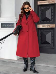 Calvaya Plus Size Women's Solid Color Slit Button Long Overcoat, Autumn/Winter - Red - View 3